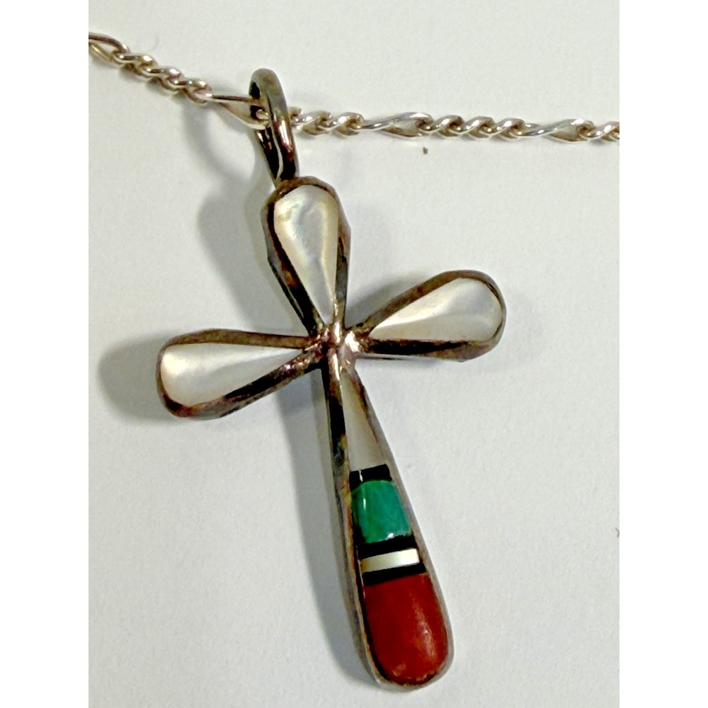 Zuni Kristina Bowannie Sterling Silver Multi Stone Inlay Cross Pendant Signed KB